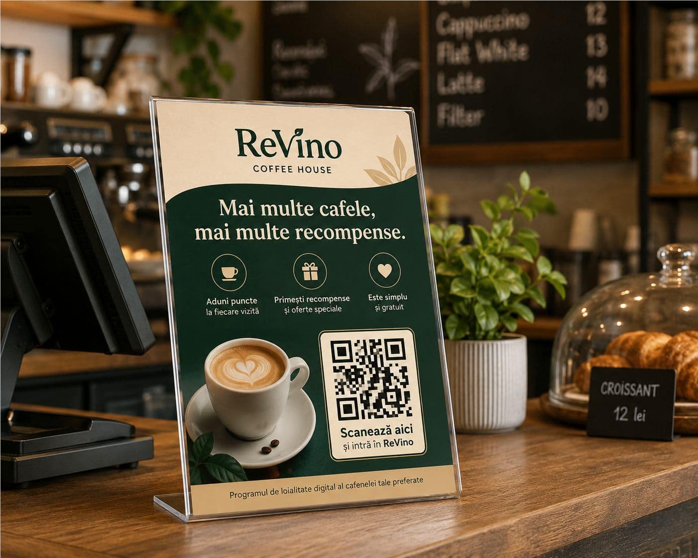 Panou ReVino amplasat la tejgheaua unei cafenele