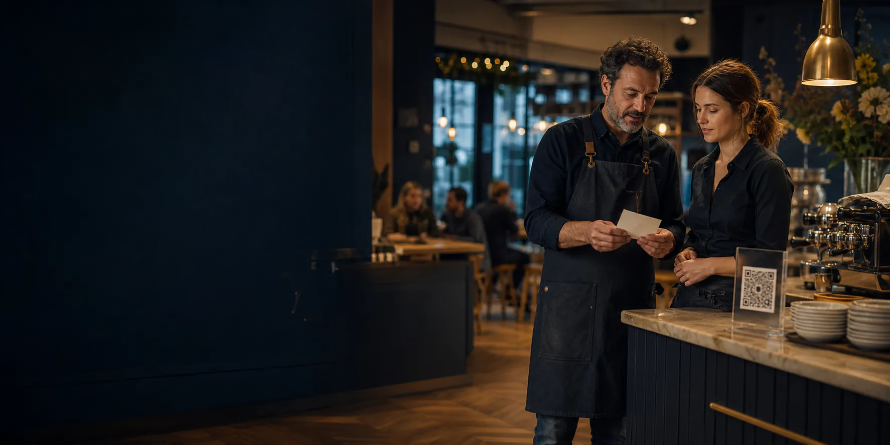 Proprietar și angajată într-o cafenea pregătind o campanie de fidelizare