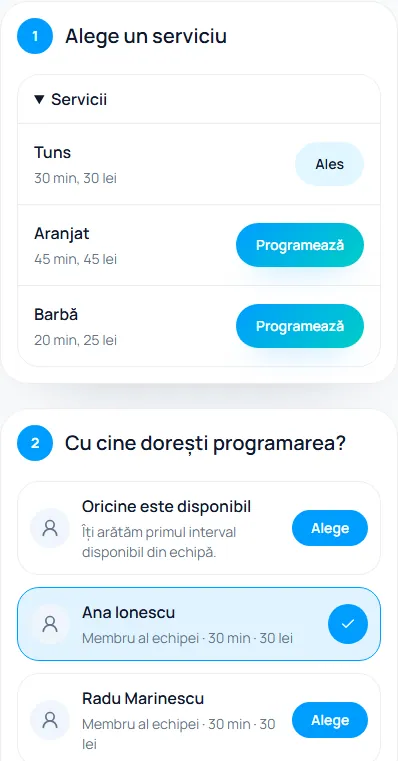 Selectarea unui serviciu și a unei ore în ReVino